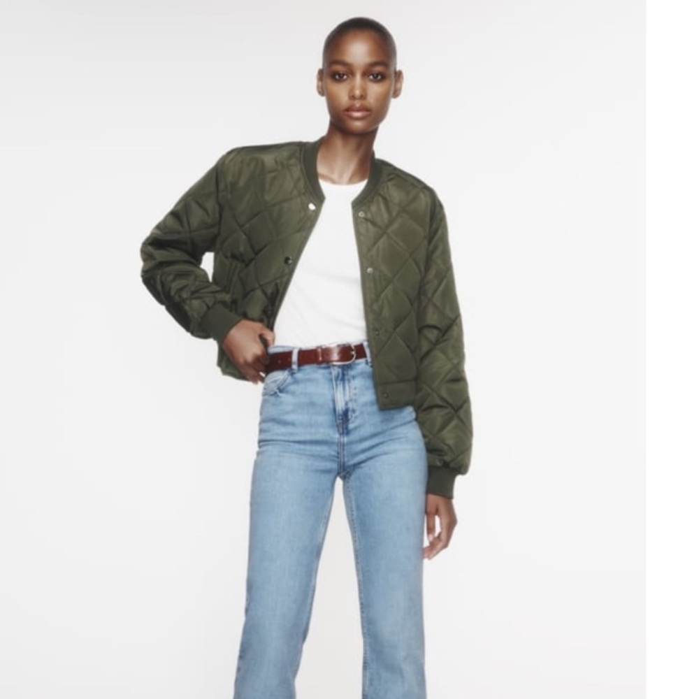 Zara quilted cropped bomber jacket khaki XS